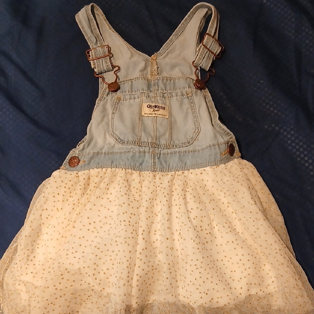OshKosh B'gosh Light Blue Denim Overalls with White Tulle Skirt and Gold Dots